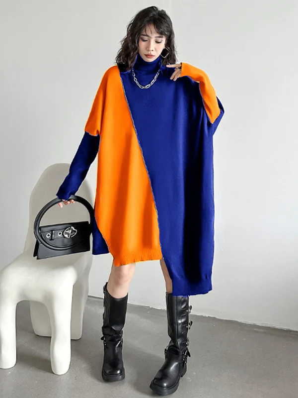 Batwing Sleeves Hipster Asymmetric Contrast Color Split-Joint High-Neck Midi Dresses Sweater Dresses - Image 10