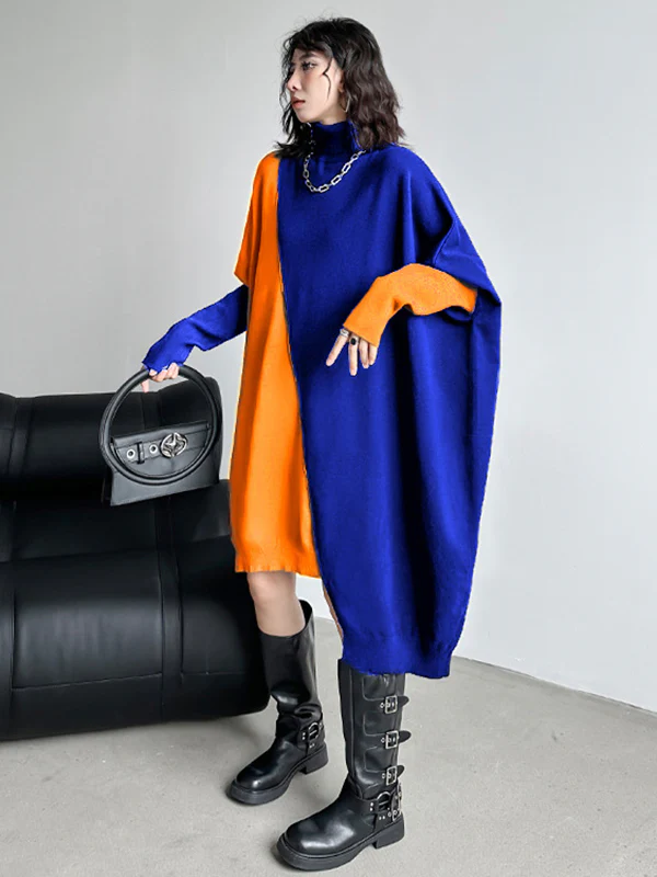 Batwing Sleeves Hipster Asymmetric Contrast Color Split-Joint High-Neck Midi Dresses Sweater Dresses - Image 11