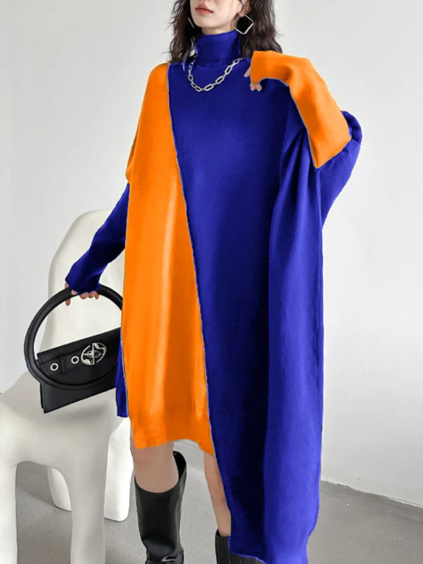Batwing Sleeves Hipster Asymmetric Contrast Color Split-Joint High-Neck Midi Dresses Sweater Dresses - Image 12
