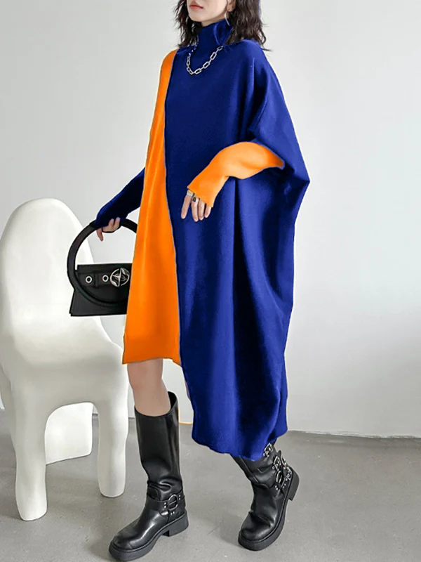 Batwing Sleeves Hipster Asymmetric Contrast Color Split-Joint High-Neck Midi Dresses Sweater Dresses - Image 13