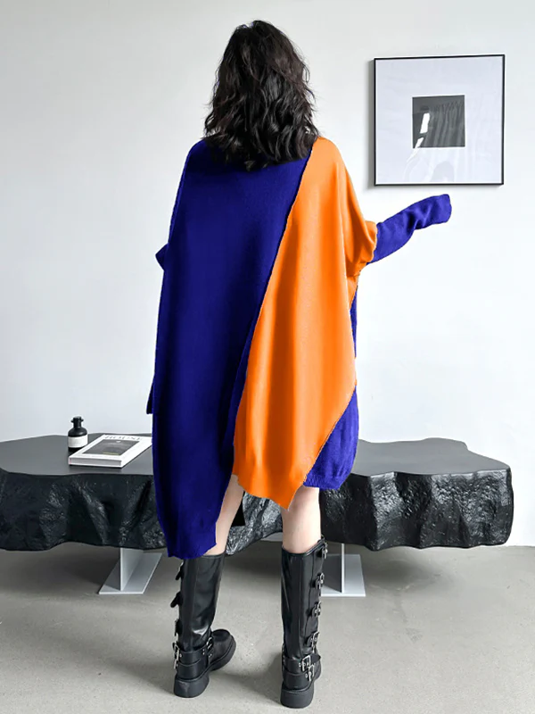 Batwing Sleeves Hipster Asymmetric Contrast Color Split-Joint High-Neck Midi Dresses Sweater Dresses - Image 14