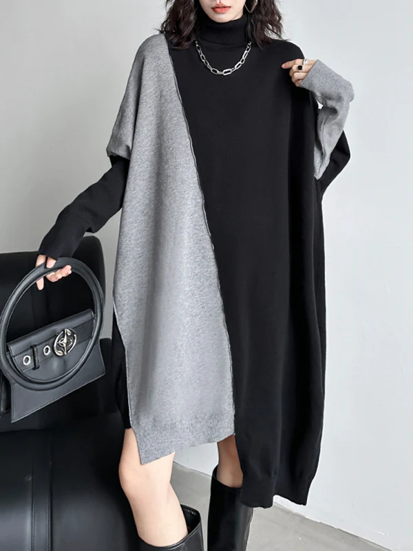 Batwing Sleeves Hipster Asymmetric Contrast Color Split-Joint High-Neck Midi Dresses Sweater Dresses - Image 15