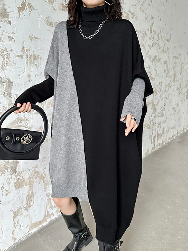Batwing Sleeves Hipster Asymmetric Contrast Color Split-Joint High-Neck Midi Dresses Sweater Dresses - Image 16