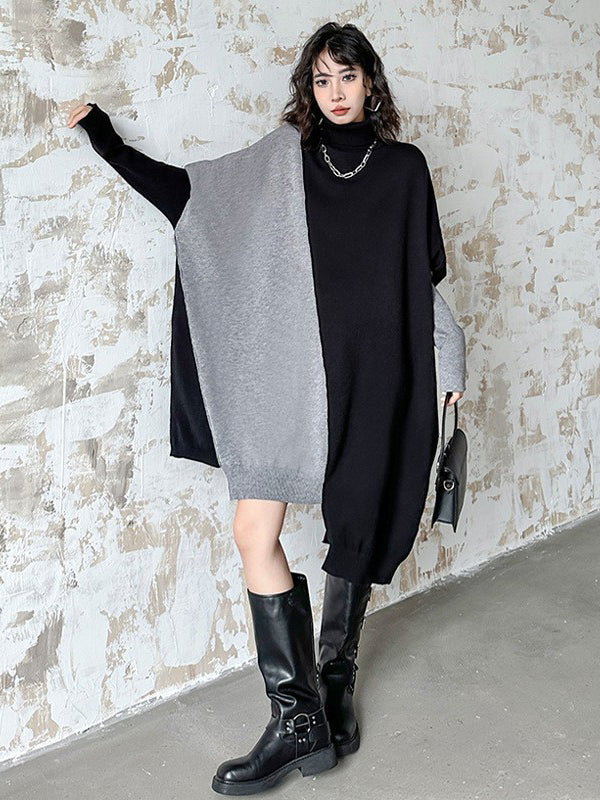 Batwing Sleeves Hipster Asymmetric Contrast Color Split-Joint High-Neck Midi Dresses Sweater Dresses - Image 17