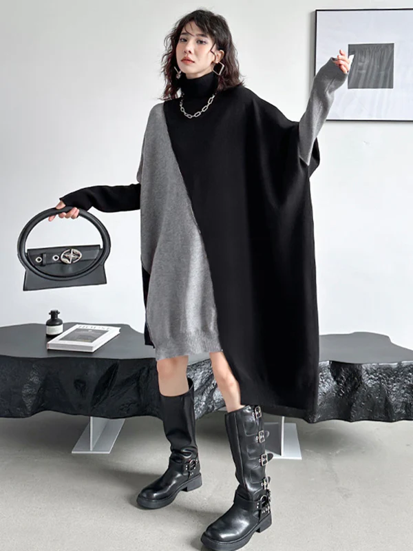 Batwing Sleeves Hipster Asymmetric Contrast Color Split-Joint High-Neck Midi Dresses Sweater Dresses - Image 18