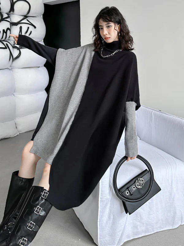 Batwing Sleeves Hipster Asymmetric Contrast Color Split-Joint High-Neck Midi Dresses Sweater Dresses - Image 19