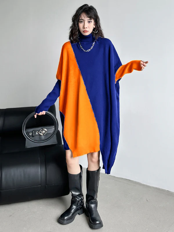 Batwing Sleeves Hipster Asymmetric Contrast Color Split-Joint High-Neck Midi Dresses Sweater Dresses - Image 2