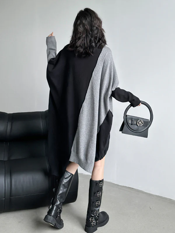 Batwing Sleeves Hipster Asymmetric Contrast Color Split-Joint High-Neck Midi Dresses Sweater Dresses - Image 20