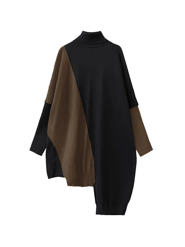 Batwing Sleeves Hipster Asymmetric Contrast Color Split-Joint High-Neck Midi Dresses Sweater Dresses - Image 21