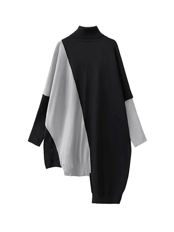 Batwing Sleeves Hipster Asymmetric Contrast Color Split-Joint High-Neck Midi Dresses Sweater Dresses - Image 22