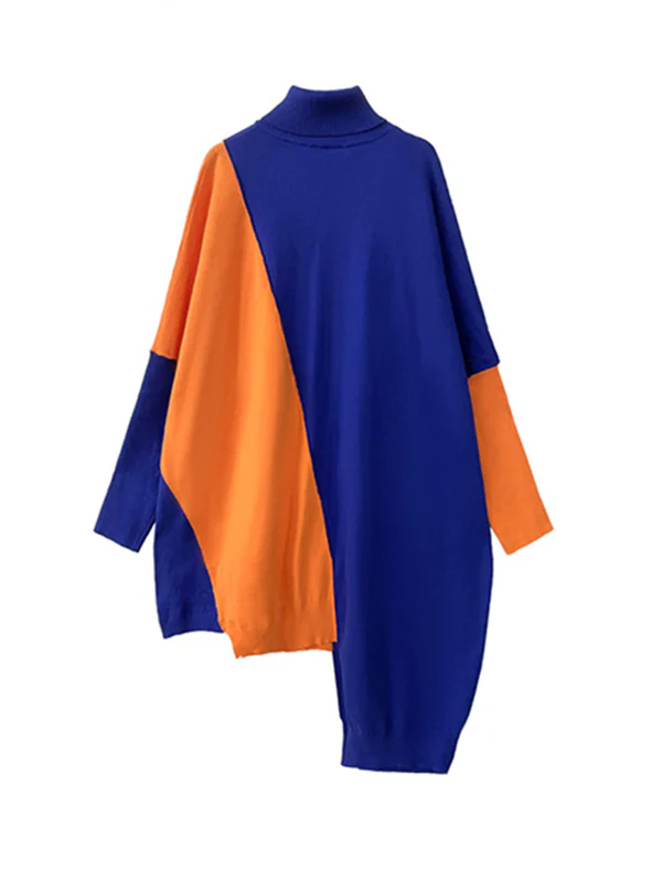 Batwing Sleeves Hipster Asymmetric Contrast Color Split-Joint High-Neck Midi Dresses Sweater Dresses - Image 23