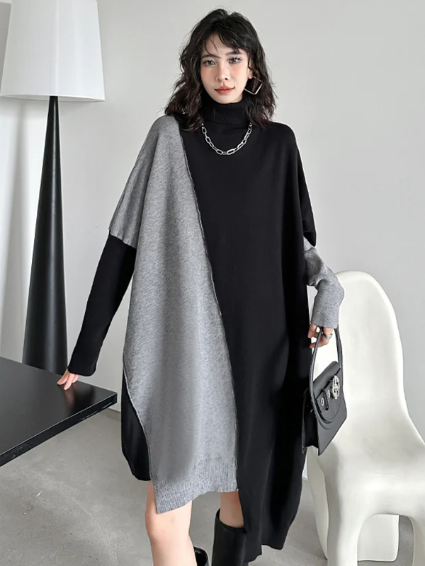 Batwing Sleeves Hipster Asymmetric Contrast Color Split-Joint High-Neck Midi Dresses Sweater Dresses - Image 3