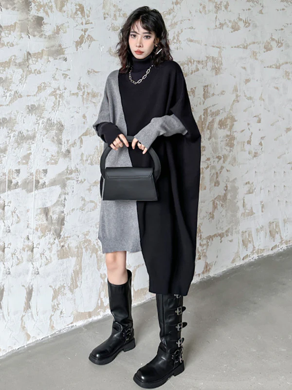 Batwing Sleeves Hipster Asymmetric Contrast Color Split-Joint High-Neck Midi Dresses Sweater Dresses - Image 4