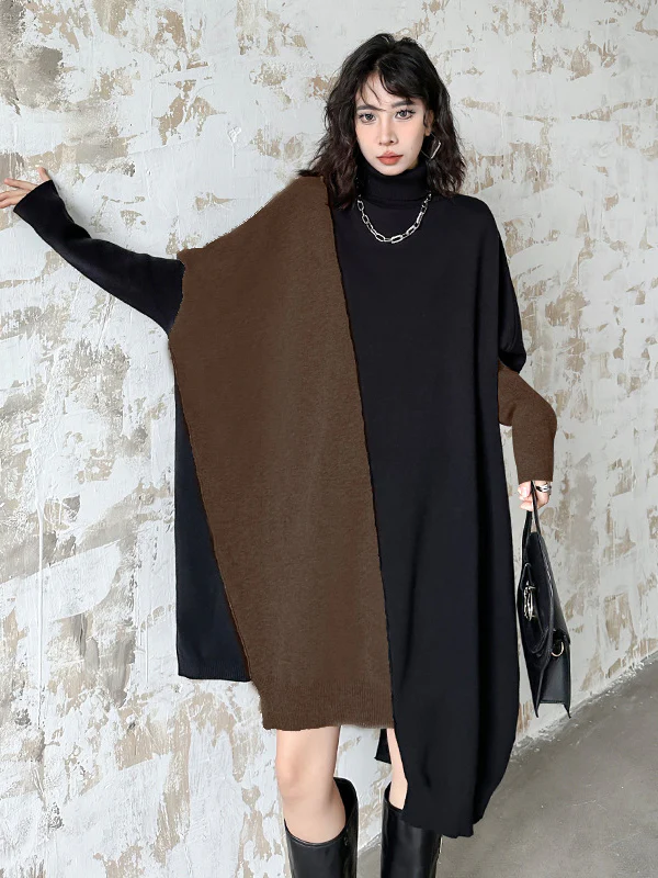 Batwing Sleeves Hipster Asymmetric Contrast Color Split-Joint High-Neck Midi Dresses Sweater Dresses - Image 5