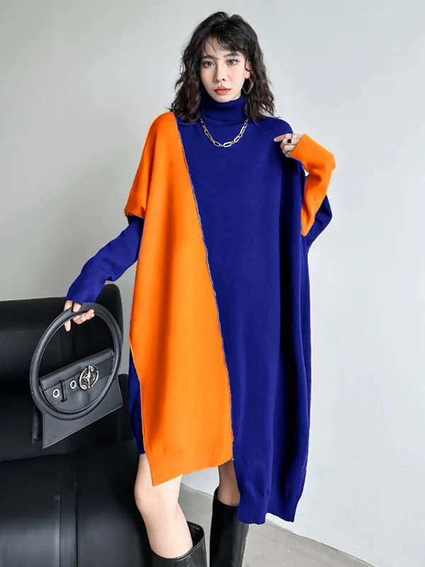 Batwing Sleeves Hipster Asymmetric Contrast Color Split-Joint High-Neck Midi Dresses Sweater Dresses - Image 6