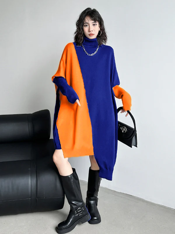 Batwing Sleeves Hipster Asymmetric Contrast Color Split-Joint High-Neck Midi Dresses Sweater Dresses - Image 7