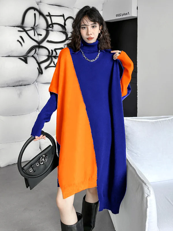 Batwing Sleeves Hipster Asymmetric Contrast Color Split-Joint High-Neck Midi Dresses Sweater Dresses - Image 8