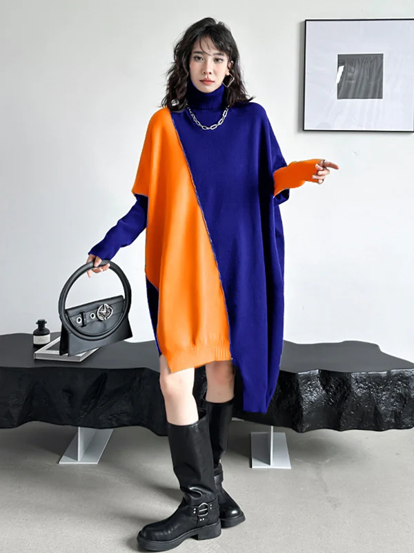 Batwing Sleeves Hipster Asymmetric Contrast Color Split-Joint High-Neck Midi Dresses Sweater Dresses - Image 9