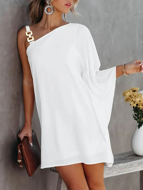 Batwing Sleeves Loose Color-Block Hollow Printed One-shoulder Mini Dresses Short Dresses - Image 10
