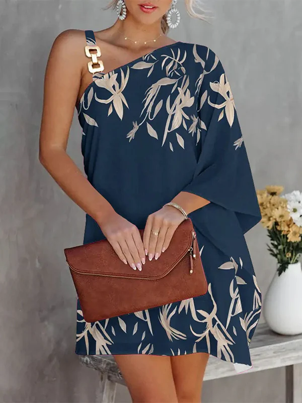 Batwing Sleeves Loose Color-Block Hollow Printed One-shoulder Mini Dresses Short Dresses - Image 2