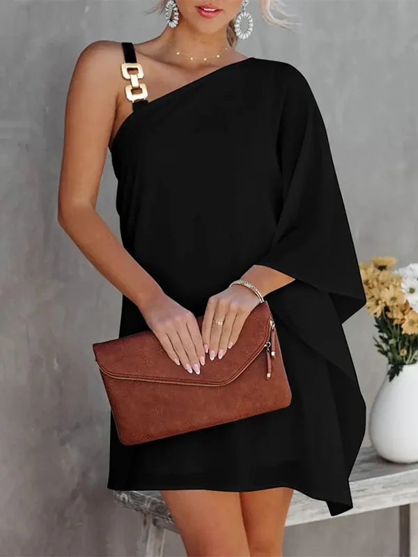 Batwing Sleeves Loose Color-Block Hollow Printed One-shoulder Mini Dresses Short Dresses - Image 4