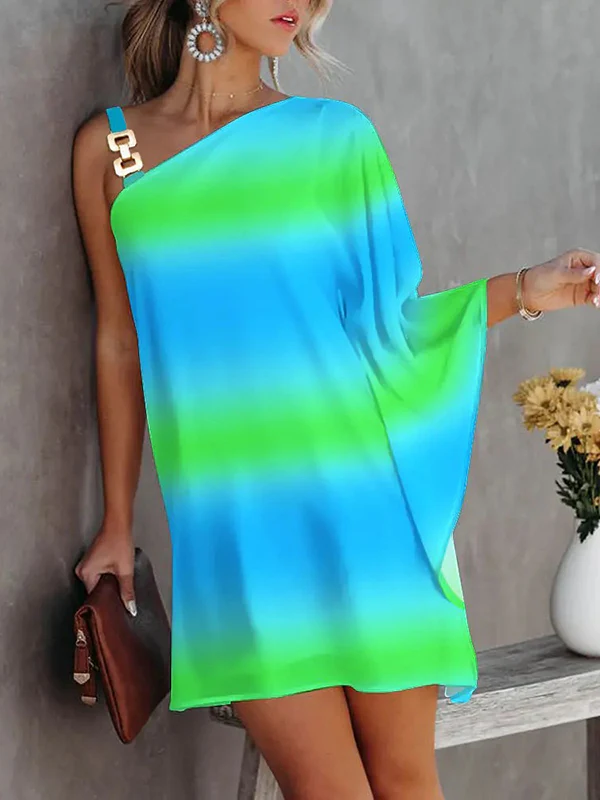Batwing Sleeves Loose Color-Block Hollow Printed One-shoulder Mini Dresses Short Dresses - Image 6