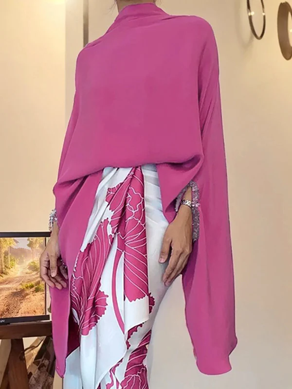 Batwing Sleeves Irregular clipping Solid Color Stand Collar Blouses&shirts Tops - Image 4