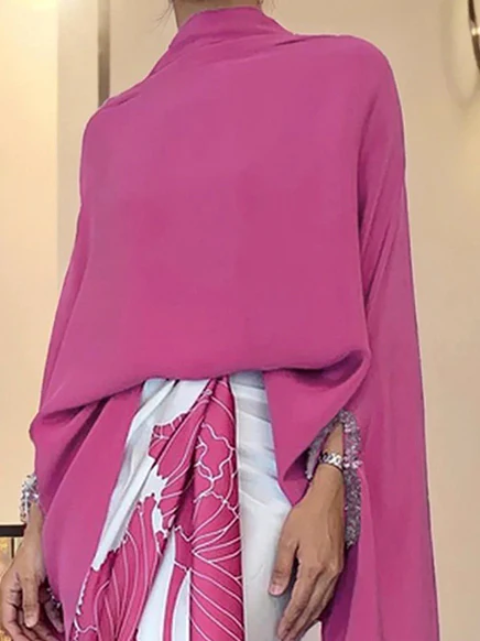Batwing Sleeves Irregular clipping Solid Color Stand Collar Blouses&shirts Tops - Image 5