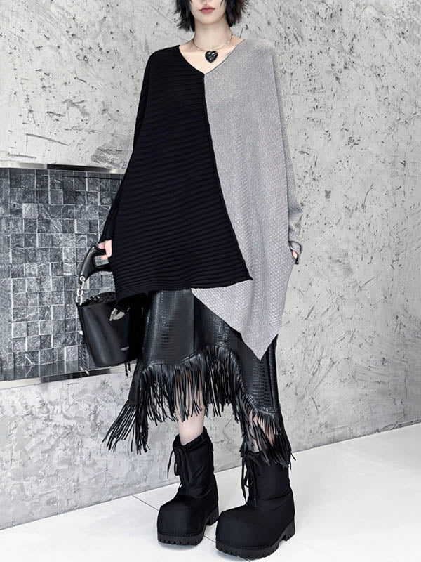 Batwing Sleeves Irregularity Asymmetric Contrast Color Split-Joint Textured V-Neck Sweater Tops