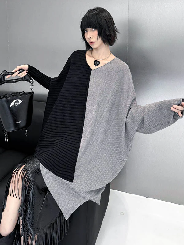 Batwing Sleeves Irregularity Asymmetric Contrast Color Split-Joint Textured V-Neck Sweater Tops - Image 10