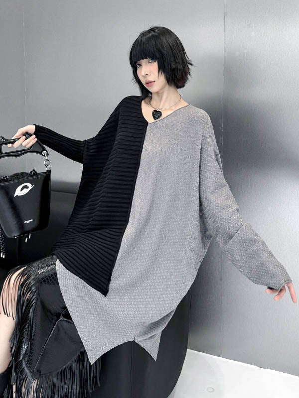 Batwing Sleeves Irregularity Asymmetric Contrast Color Split-Joint Textured V-Neck Sweater Tops - Image 11