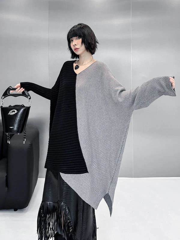 Batwing Sleeves Irregularity Asymmetric Contrast Color Split-Joint Textured V-Neck Sweater Tops - Image 12