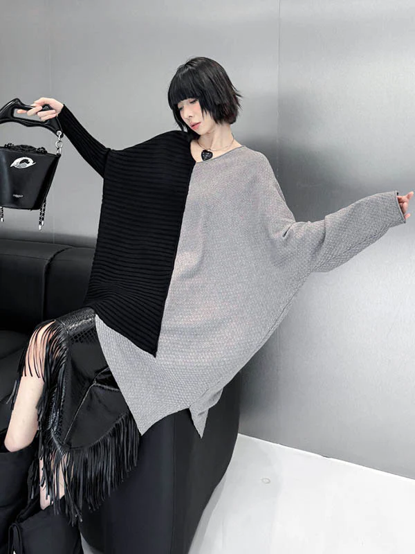 Batwing Sleeves Irregularity Asymmetric Contrast Color Split-Joint Textured V-Neck Sweater Tops - Image 13