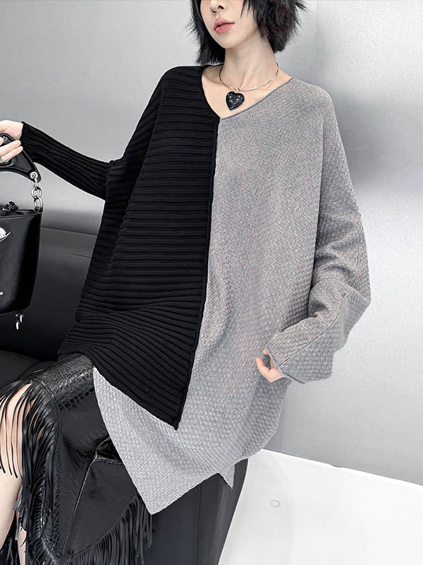 Batwing Sleeves Irregularity Asymmetric Contrast Color Split-Joint Textured V-Neck Sweater Tops - Image 14