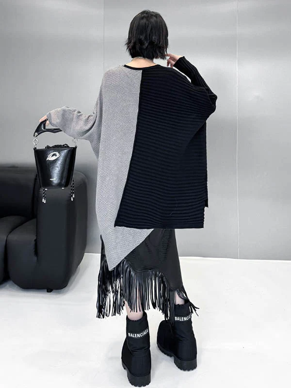 Batwing Sleeves Irregularity Asymmetric Contrast Color Split-Joint Textured V-Neck Sweater Tops - Image 15