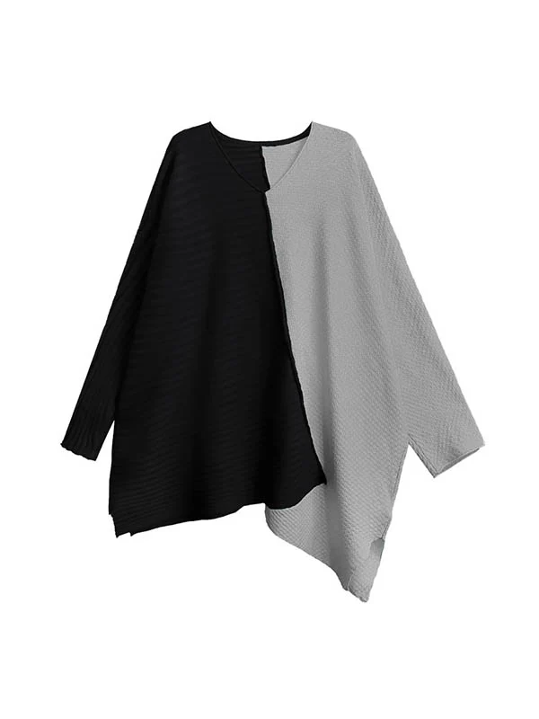 Batwing Sleeves Irregularity Asymmetric Contrast Color Split-Joint Textured V-Neck Sweater Tops - Image 16