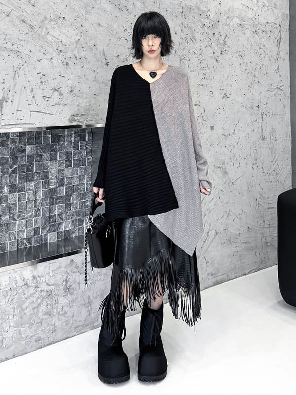 Batwing Sleeves Irregularity Asymmetric Contrast Color Split-Joint Textured V-Neck Sweater Tops - Image 2