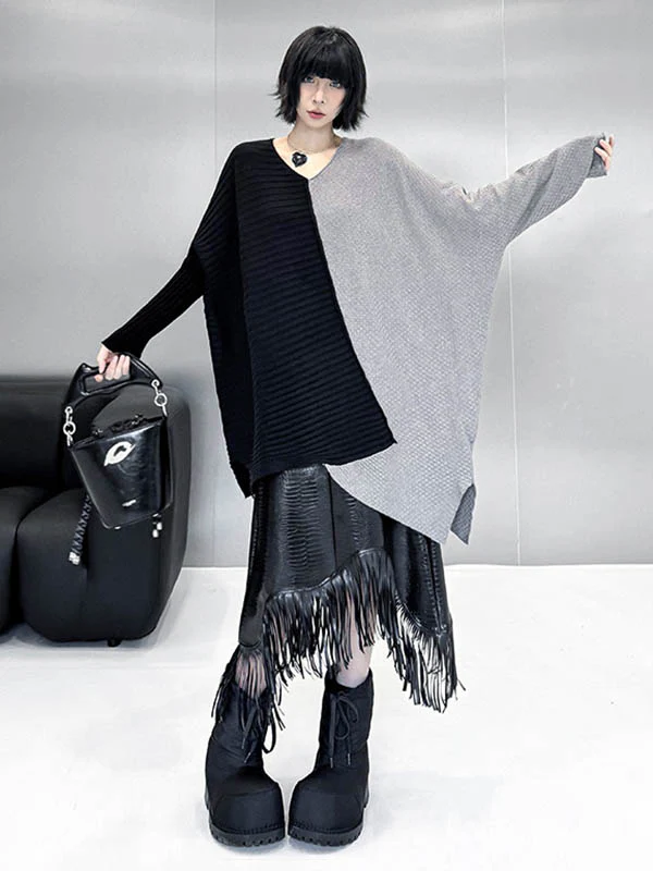 Batwing Sleeves Irregularity Asymmetric Contrast Color Split-Joint Textured V-Neck Sweater Tops - Image 3