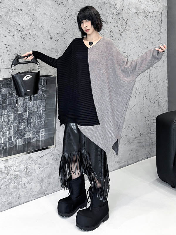 Batwing Sleeves Irregularity Asymmetric Contrast Color Split-Joint Textured V-Neck Sweater Tops - Image 4