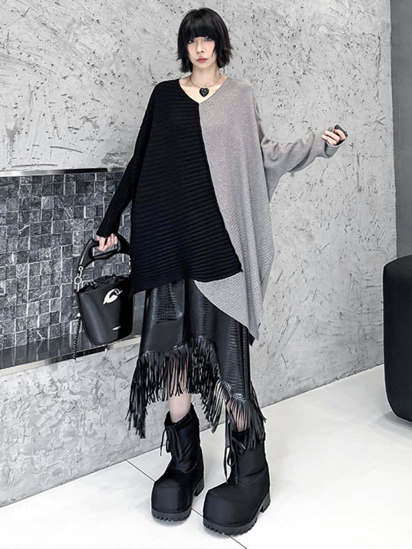 Batwing Sleeves Irregularity Asymmetric Contrast Color Split-Joint Textured V-Neck Sweater Tops - Image 5