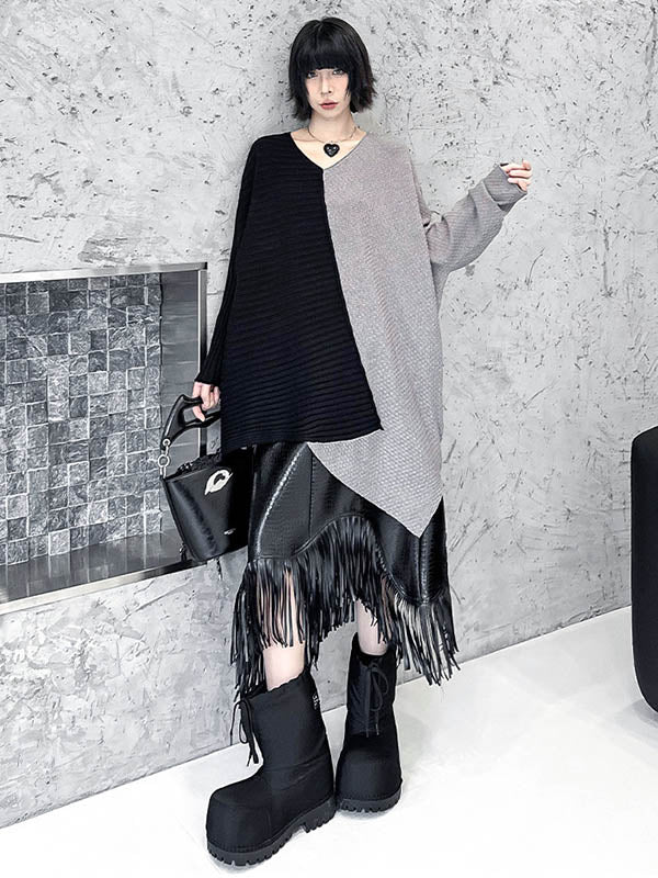 Batwing Sleeves Irregularity Asymmetric Contrast Color Split-Joint Textured V-Neck Sweater Tops - Image 6