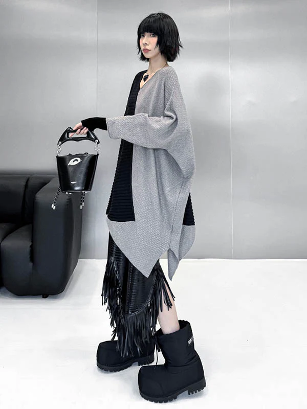 Batwing Sleeves Irregularity Asymmetric Contrast Color Split-Joint Textured V-Neck Sweater Tops - Image 7