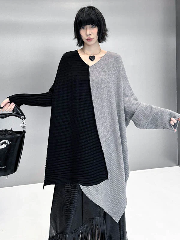 Batwing Sleeves Irregularity Asymmetric Contrast Color Split-Joint Textured V-Neck Sweater Tops - Image 8