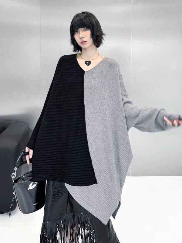 Batwing Sleeves Irregularity Asymmetric Contrast Color Split-Joint Textured V-Neck Sweater Tops - Image 9