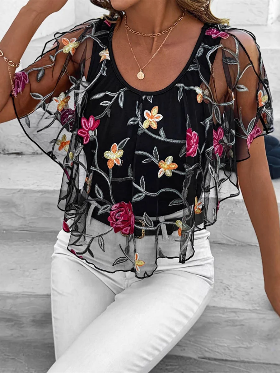 Batwing Sleeves Irregularity Contrast Color Flower Print Layered Split-Joint Round-Neck Blouses&Shirts Tops - Image 2