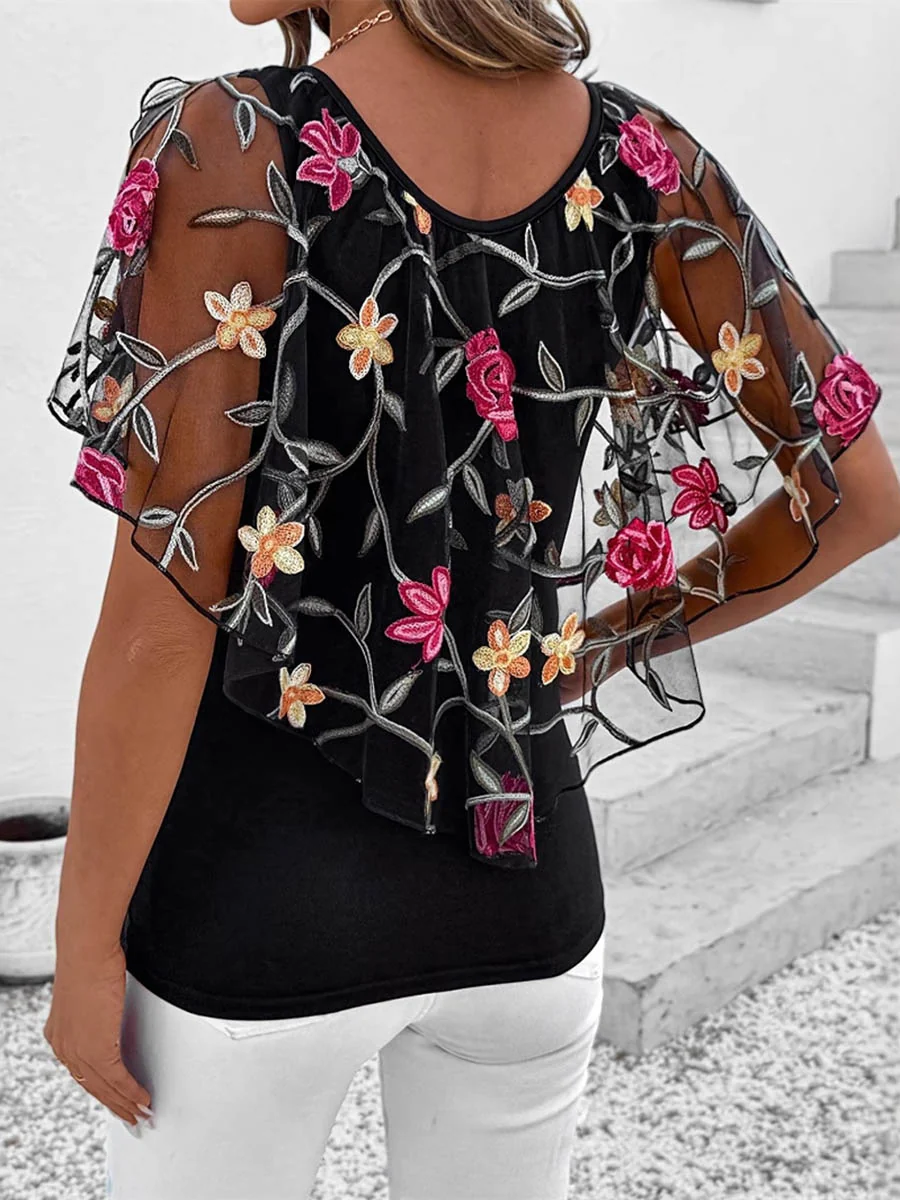 Batwing Sleeves Irregularity Contrast Color Flower Print Layered Split-Joint Round-Neck Blouses&Shirts Tops - Image 4