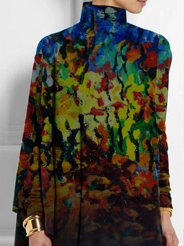 Batwing Sleeves Long Sleeves Asymmetric Printed Split-Side High Neck T-Shirts Tops - Image 2