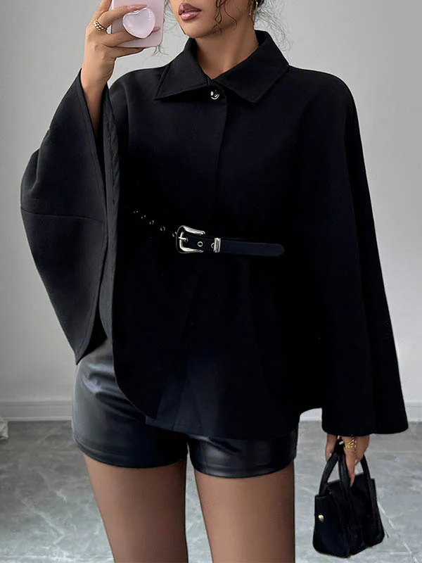 Batwing Sleeves Long Sleeves Belted Buttoned Solid Color Lapel Overcoat