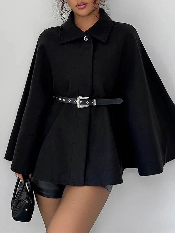 Batwing Sleeves Long Sleeves Belted Buttoned Solid Color Lapel Overcoat - Image 2