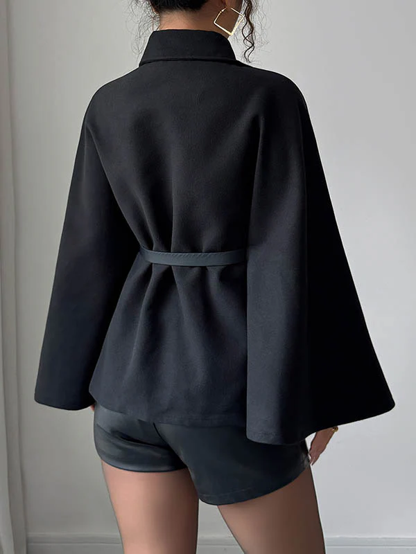 Batwing Sleeves Long Sleeves Belted Buttoned Solid Color Lapel Overcoat - Image 4